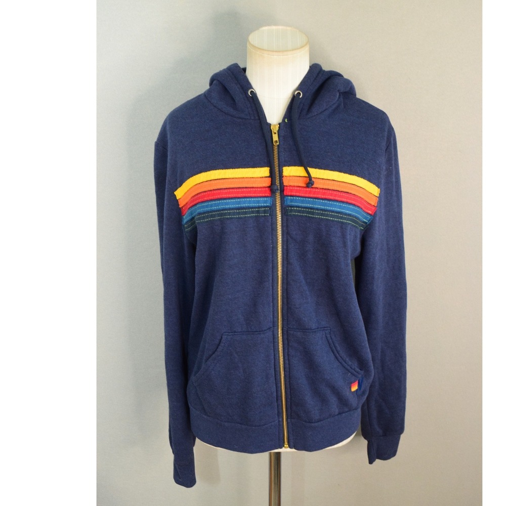 Aviator Nation Zip Up Hoodie Small Navy Blue Rainbow 5 Stripe Women Retro Surf